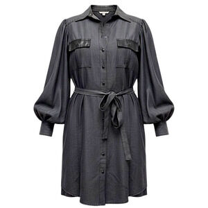 Gold Hawk Gray Chambray Tencel Shirt Dress Black Faux Leather Trim Belted L NWT